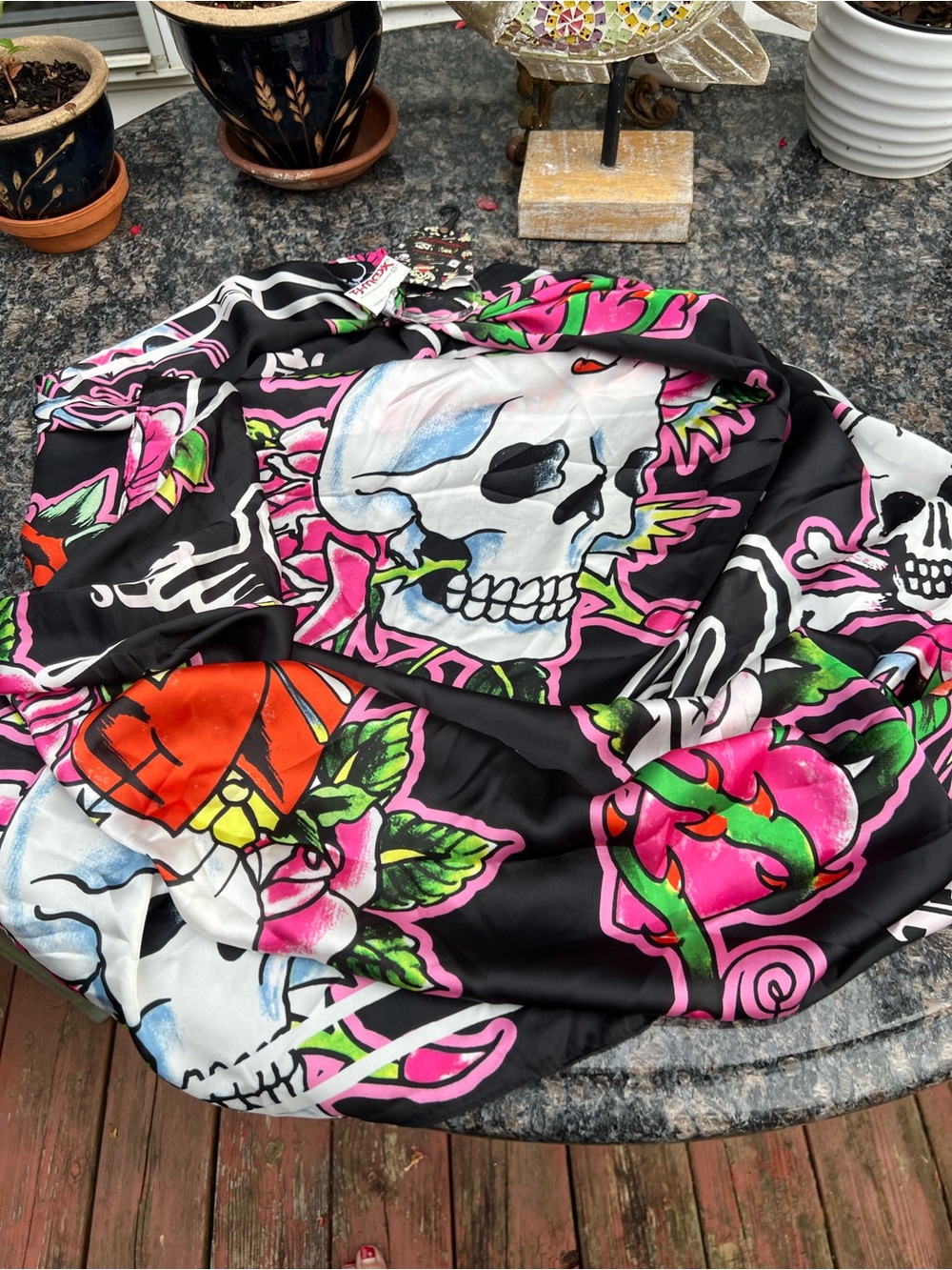 Ed Hardy Black Scarf with Red, Neon Pink and Green Tattoo Motifs